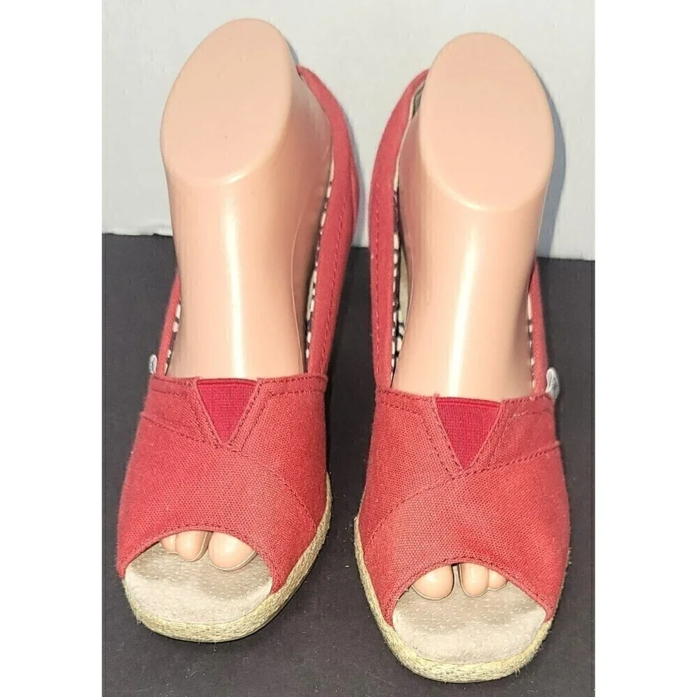 Tom's Red Canvas Wedge Espadrille - Size 9